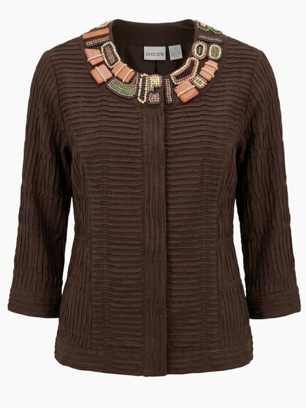 CHICOS Jacket 0 Small Brown Textured Beaded Embellished Art To Wear Boho Ethnic